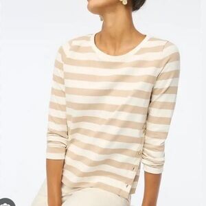 J. Crew Long Sleeve Tee White Tan Stripes gold buttons side women’s Large